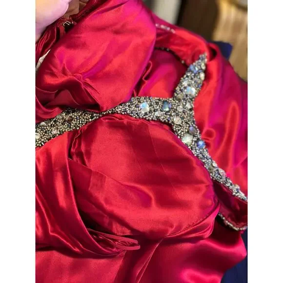 Vintage Y2K Marc Bouwer 100% Silk Maxi Dress Beaded V-Neck Red Cocktail Party 10 - Picture 12 of 14